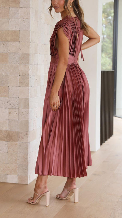 Pleated Deep V Neck Maxi Dress