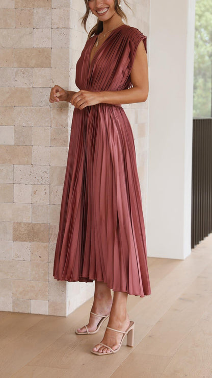 Pleated Deep V Neck Maxi Dress