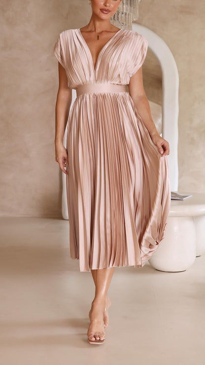 Pleated Deep V Neck Maxi Dress