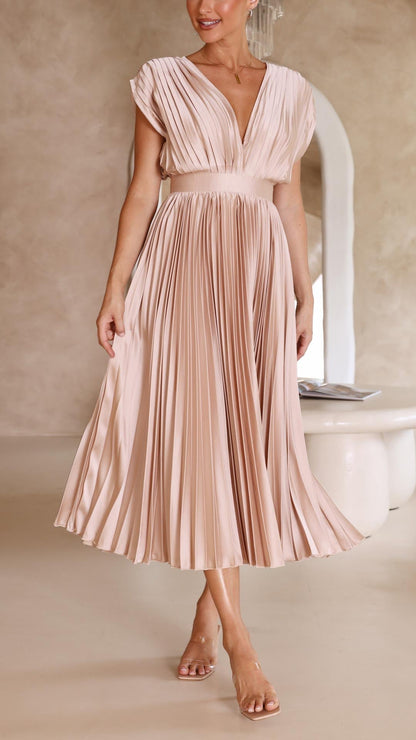 Pleated Deep V Neck Maxi Dress