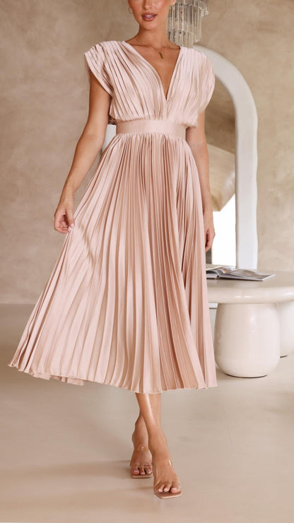 Pleated Deep V Neck Maxi Dress