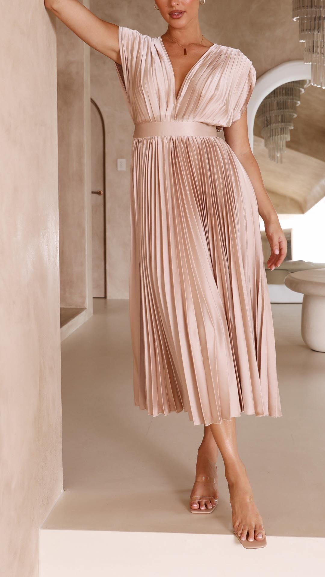 Pleated Deep V Neck Maxi Dress