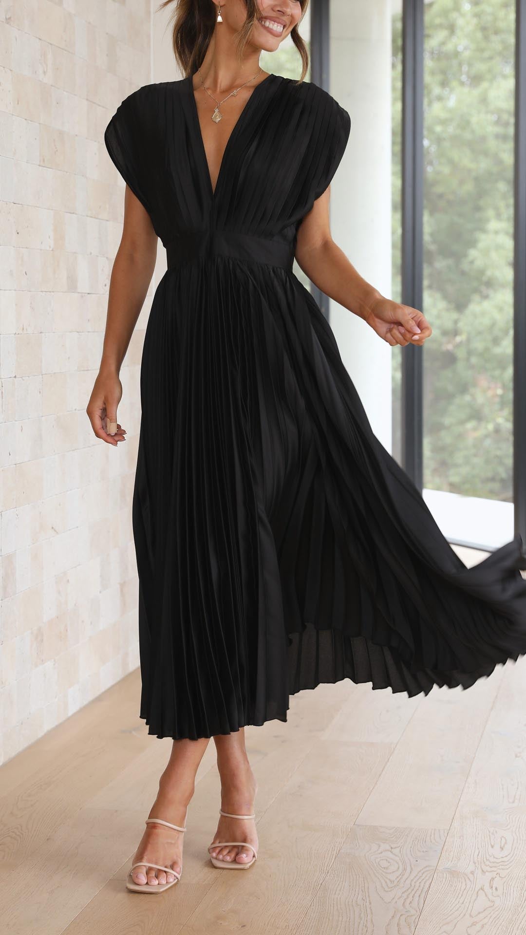 Pleated Deep V Neck Maxi Dress