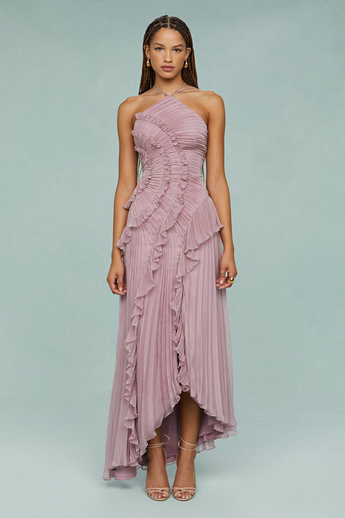 Pleated Ruffle Halter Midi Dress