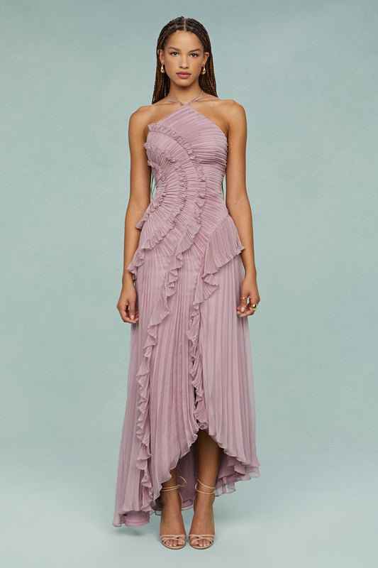 Pleated Ruffle Halter Midi Dress