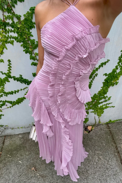 Pleated Ruffle Halter Midi Dress