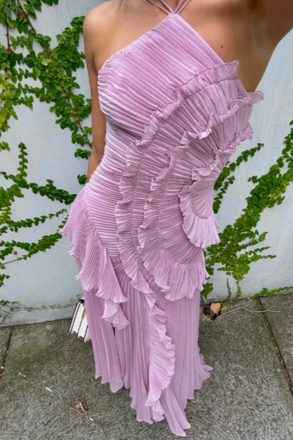 Pleated Ruffle Halter Midi Dress
