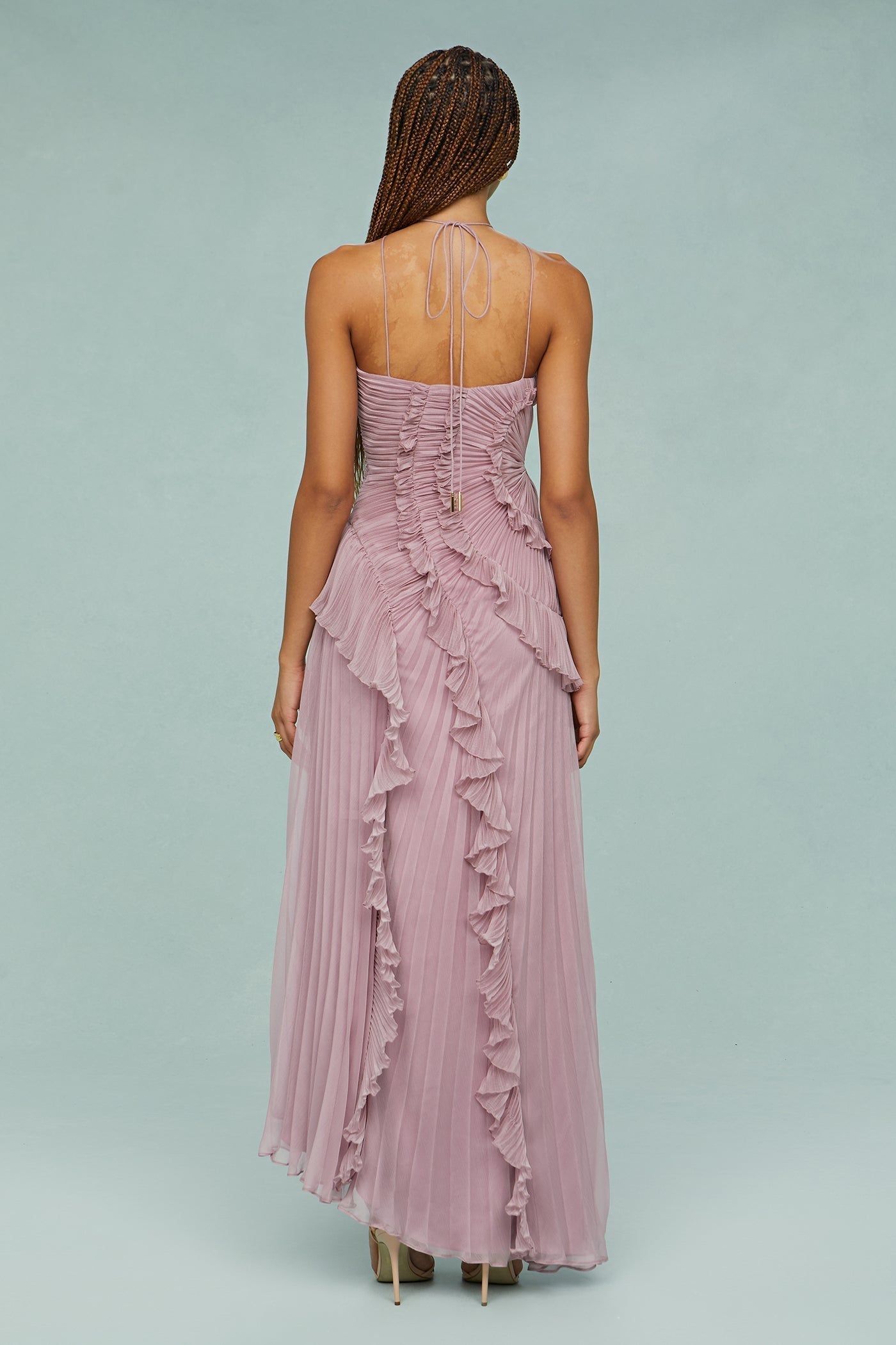 Pleated Ruffle Halter Midi Dress