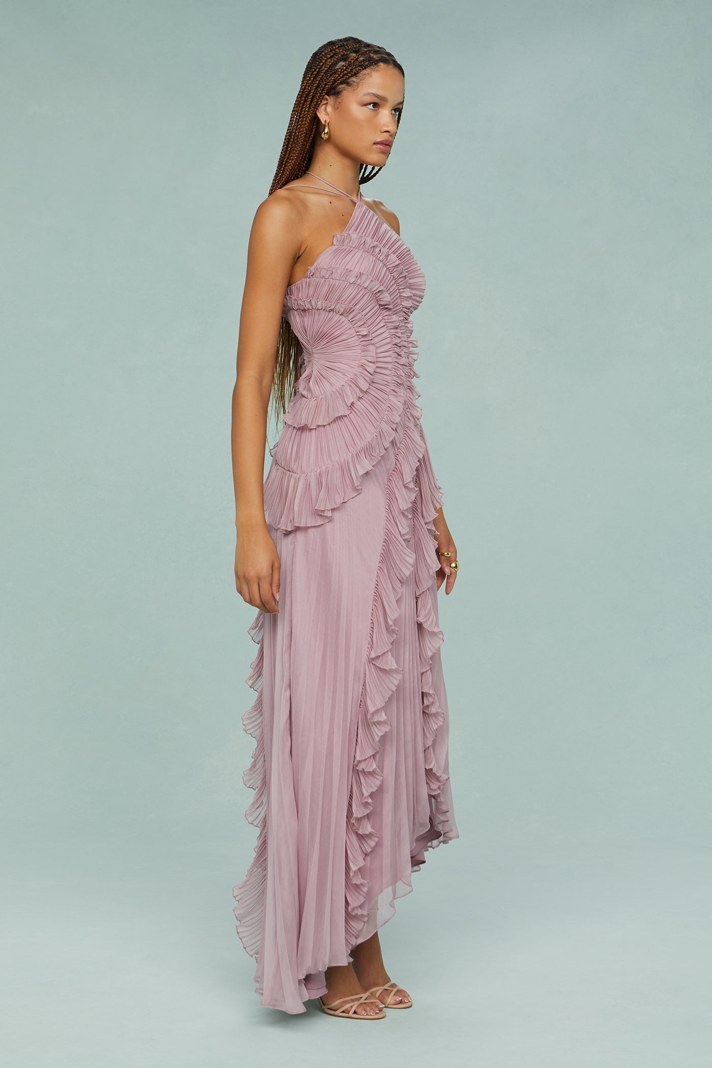 Pleated Ruffle Halter Midi Dress