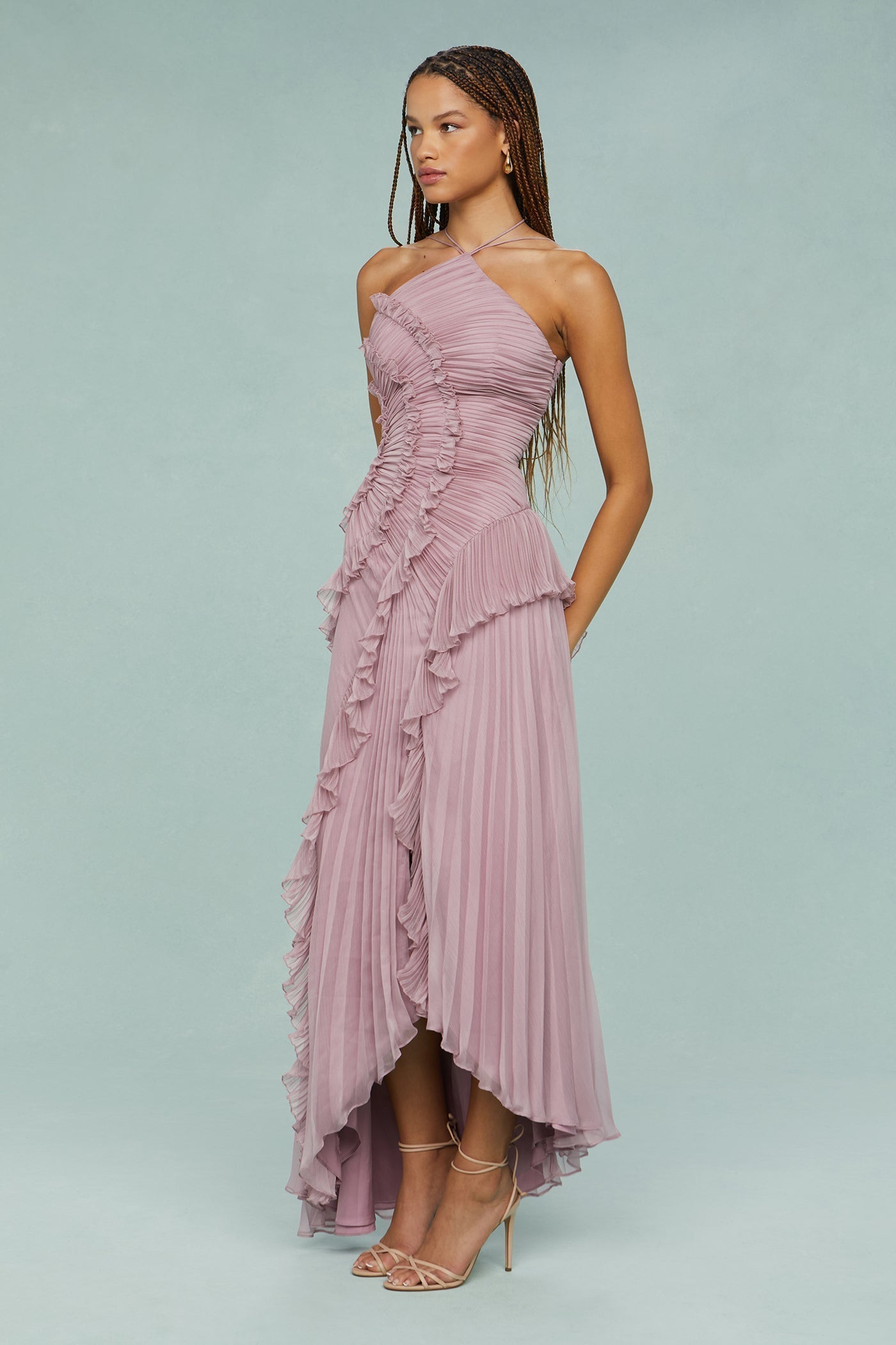 Pleated Ruffle Halter Midi Dress