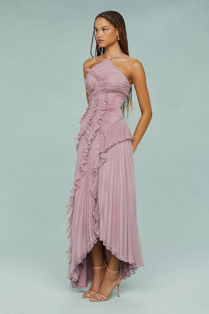 Pleated Ruffle Halter Midi Dress