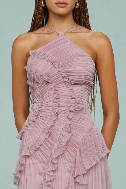 Pleated Ruffle Halter Midi Dress