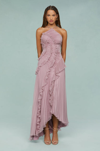 Pleated Ruffle Halter Midi Dress
