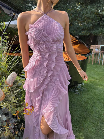 Pleated Ruffle Halter Midi Dress