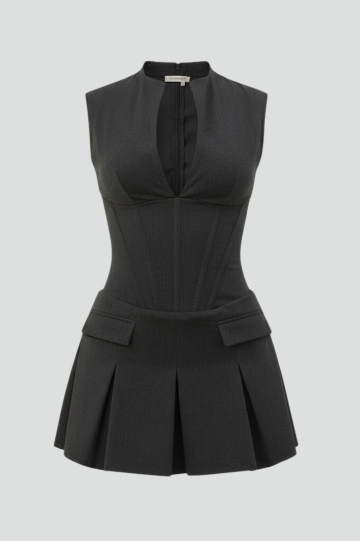 Plunge Neck Pleated Mini Dress