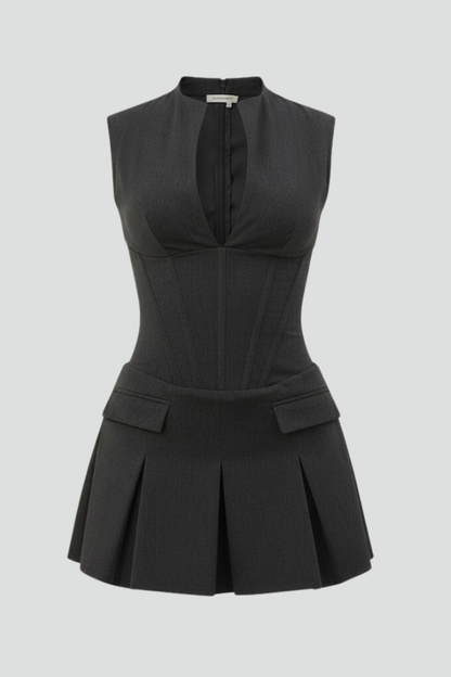 Plunge Neck Pleated Mini Dress