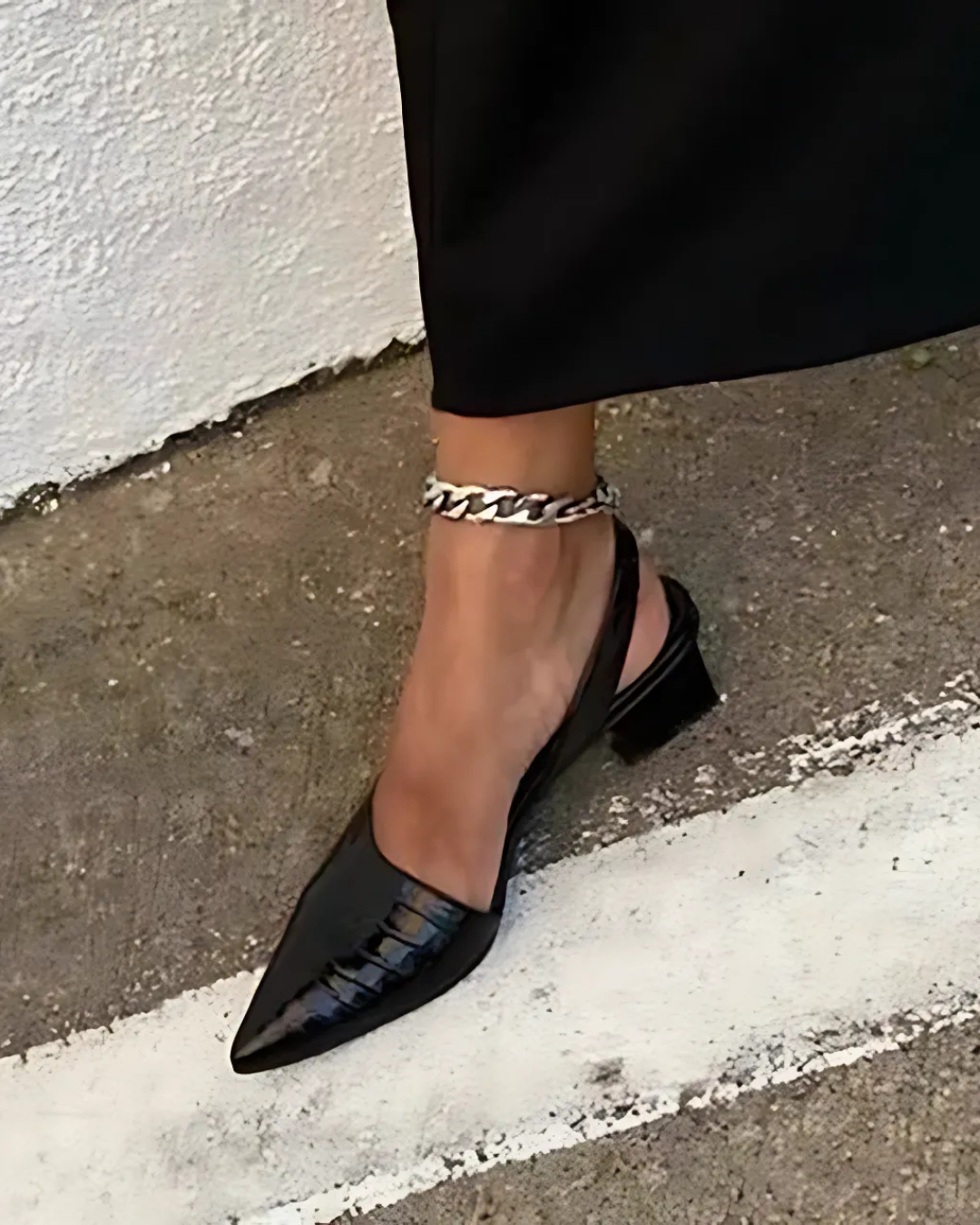 Pointed Toe Adjustable Black Slingback Heels