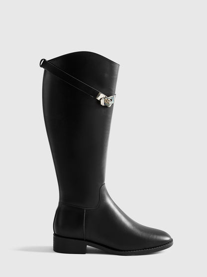 Polyurethane Belted Black Knee High Boots