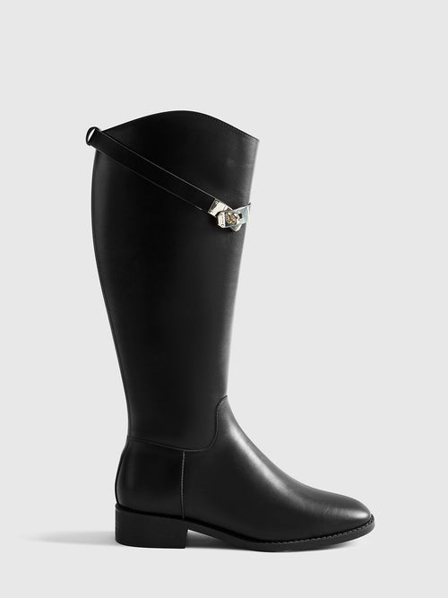 Polyurethane Belted Black Knee High Boots