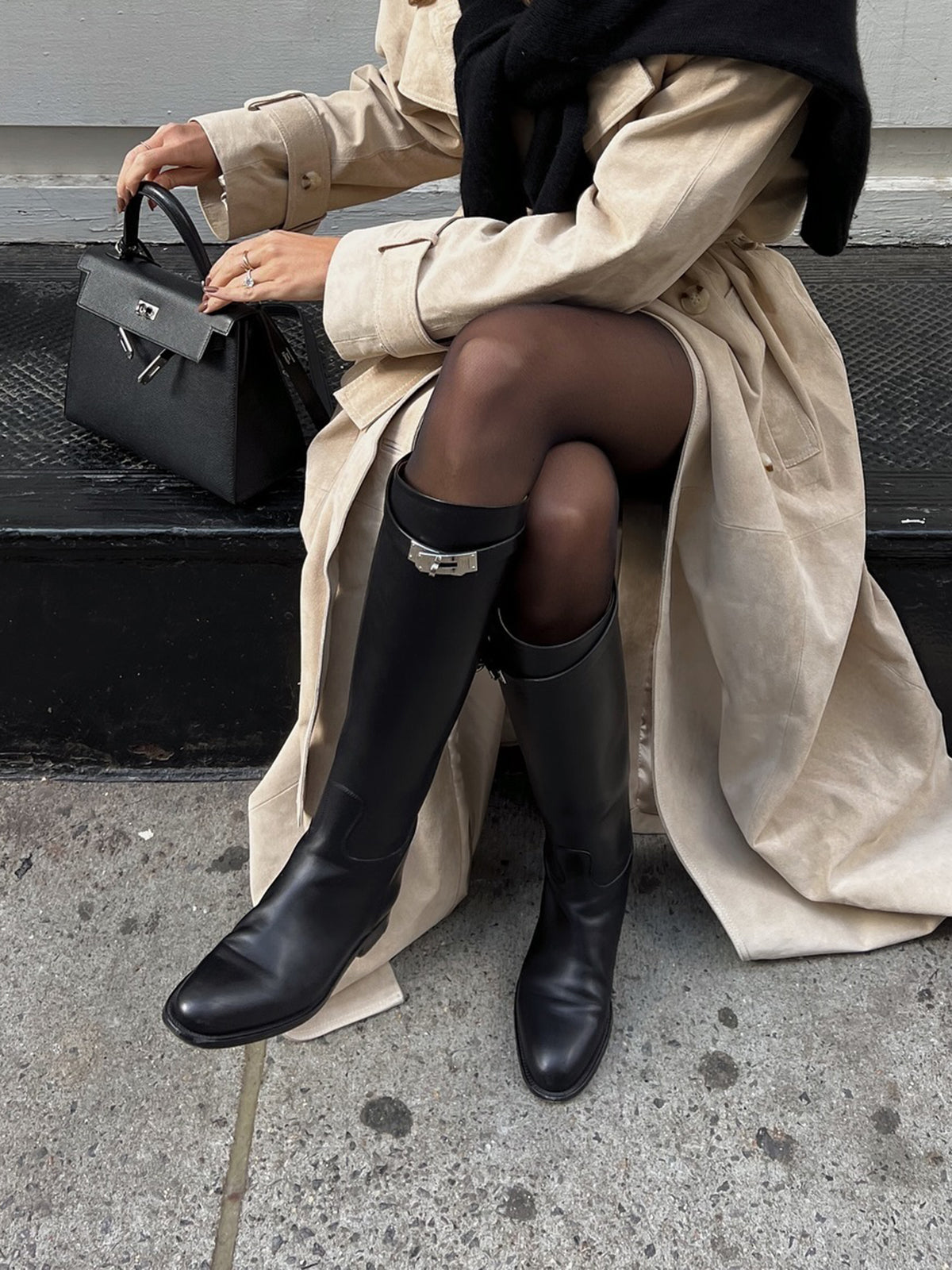 Polyurethane Belted Black Knee High Boots