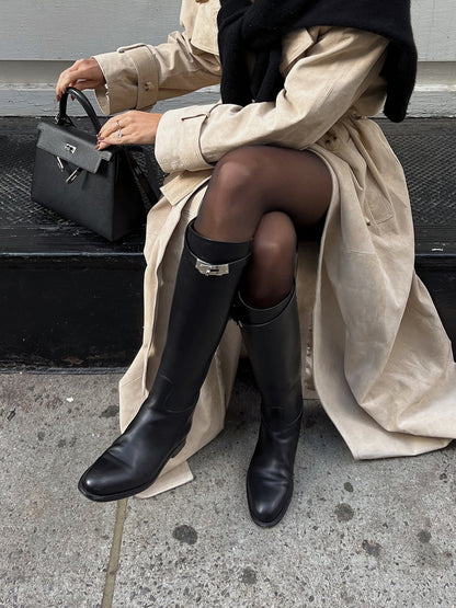 Polyurethane Belted Black Knee High Boots