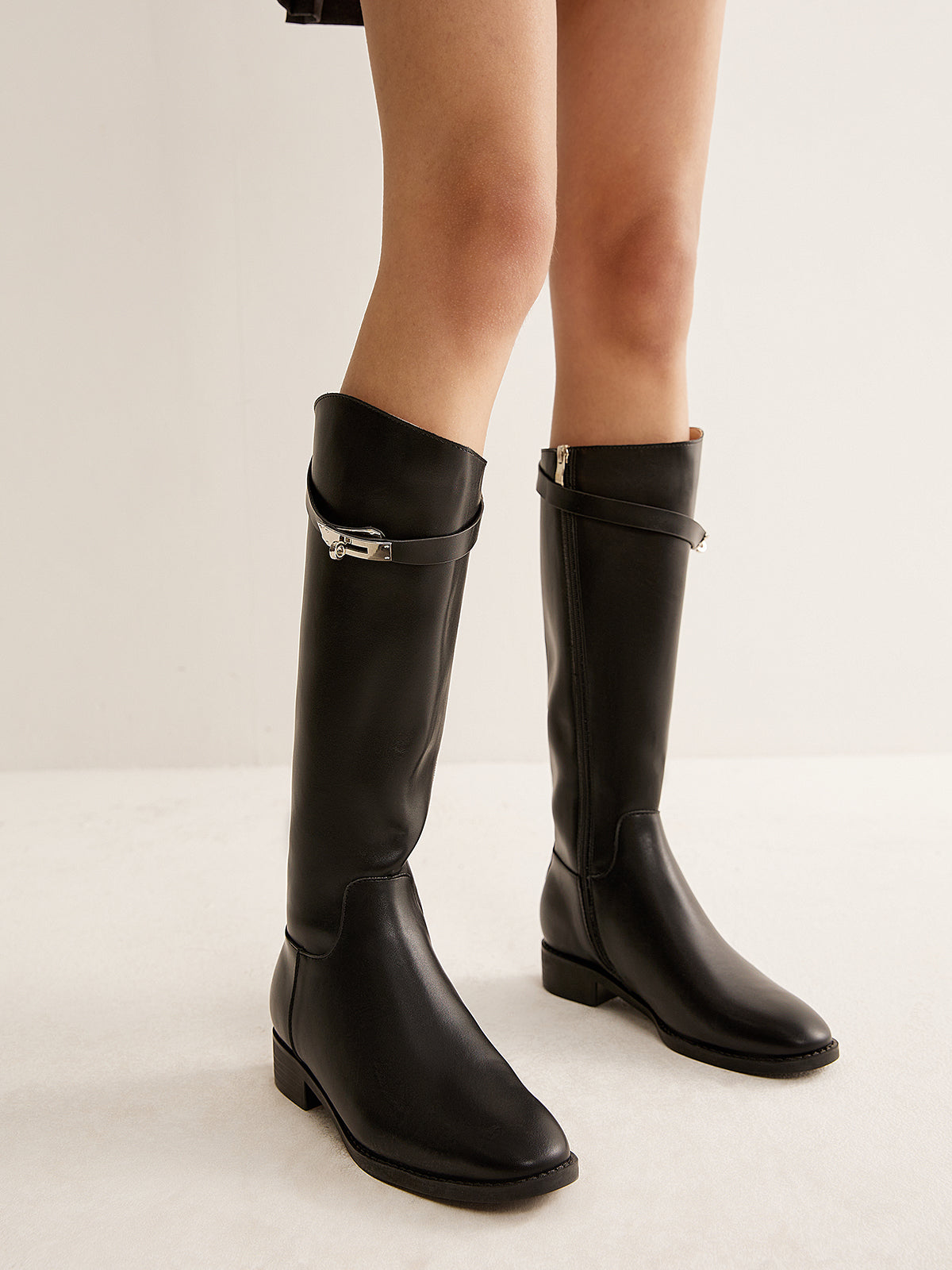 Polyurethane Belted Black Knee High Boots