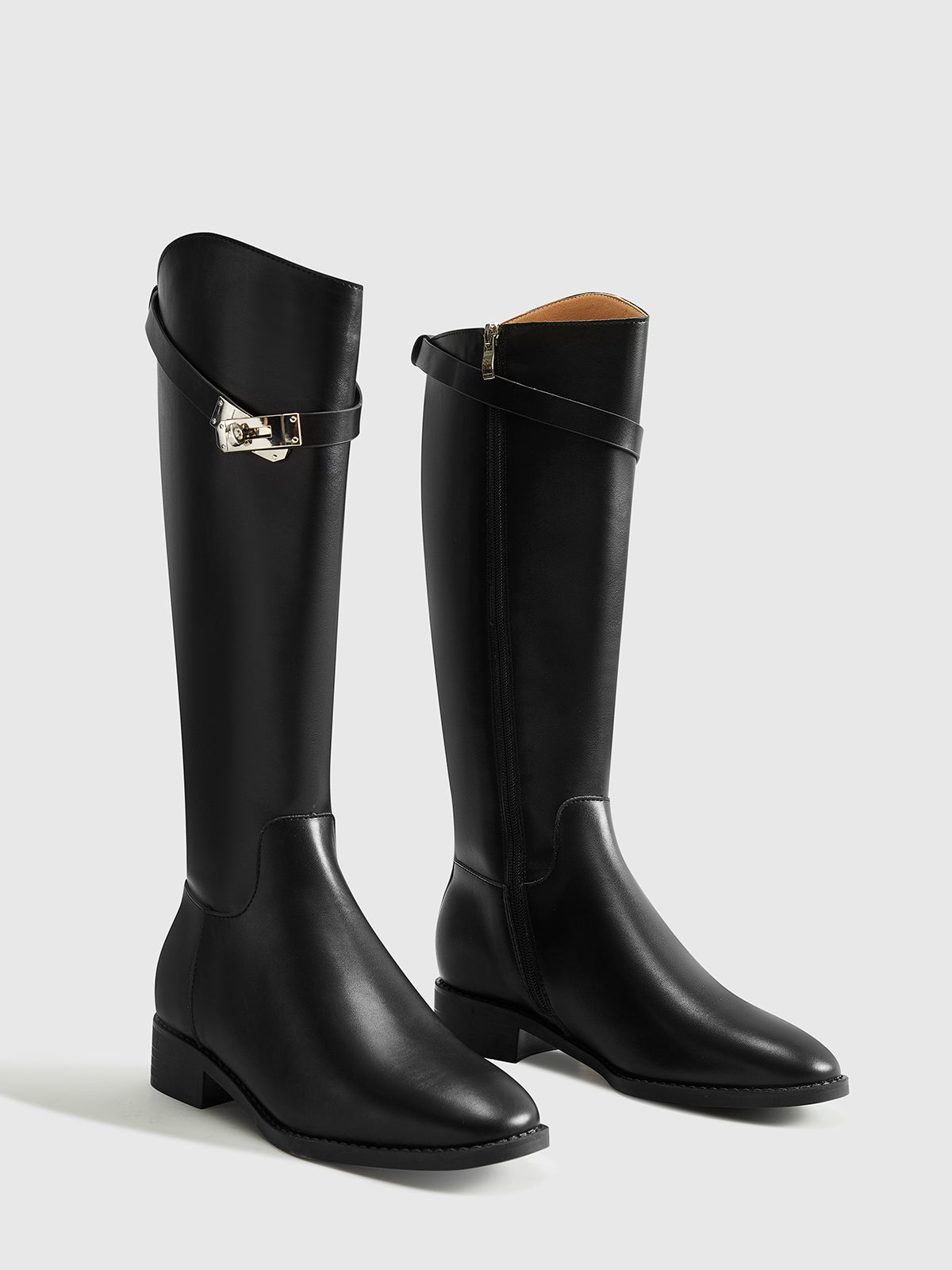 Polyurethane Belted Black Knee High Boots