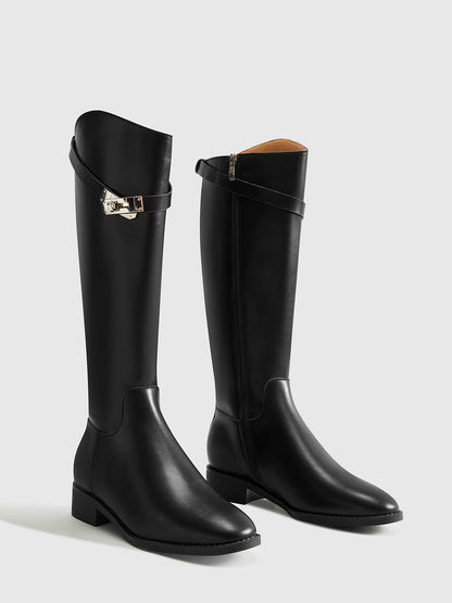 Polyurethane Belted Black Knee High Boots