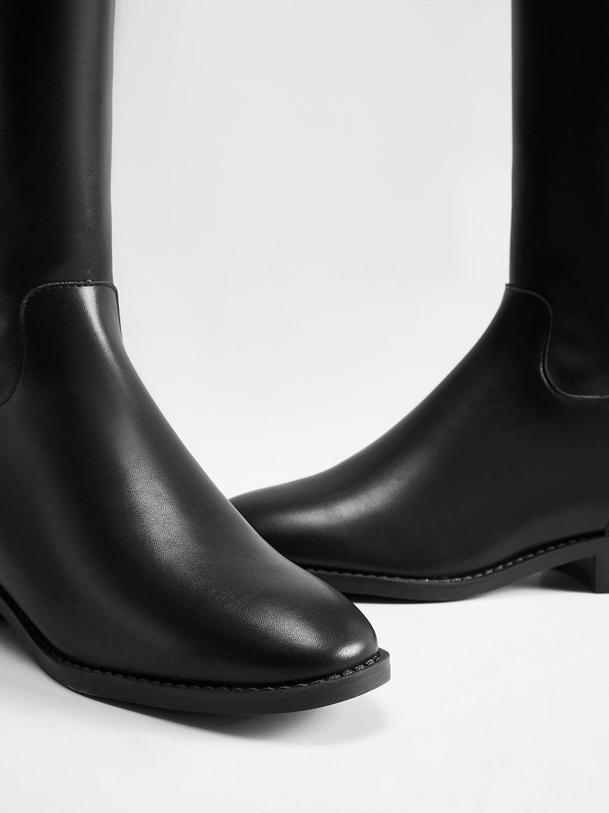 Polyurethane Belted Black Knee High Boots