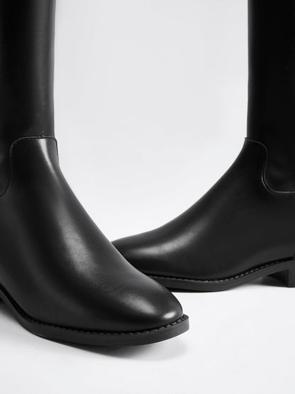 Polyurethane Belted Black Knee High Boots