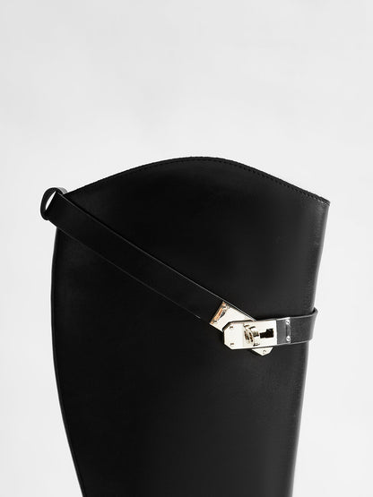 Polyurethane Belted Black Knee High Boots