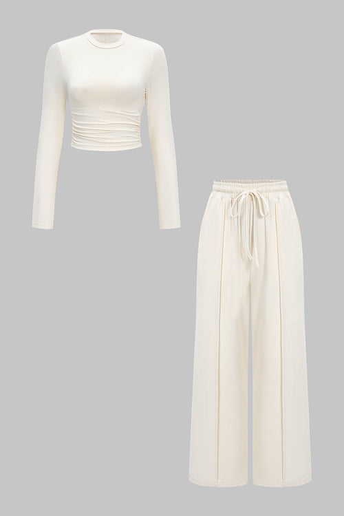 Ruched Long Sleeve Top And High Waist Trousers Set