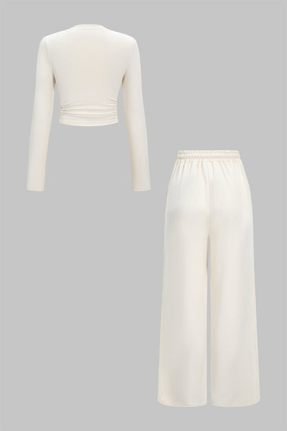 Ruched Long Sleeve Top And High Waist Trousers Set
