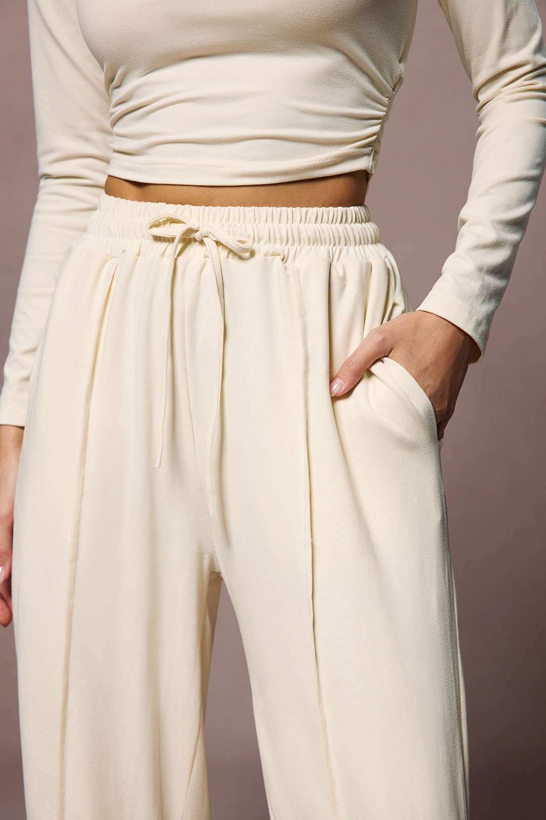 Ruched Long Sleeve Top And High Waist Trousers Set