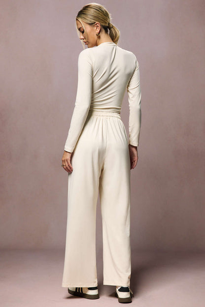 Ruched Long Sleeve Top And High Waist Trousers Set
