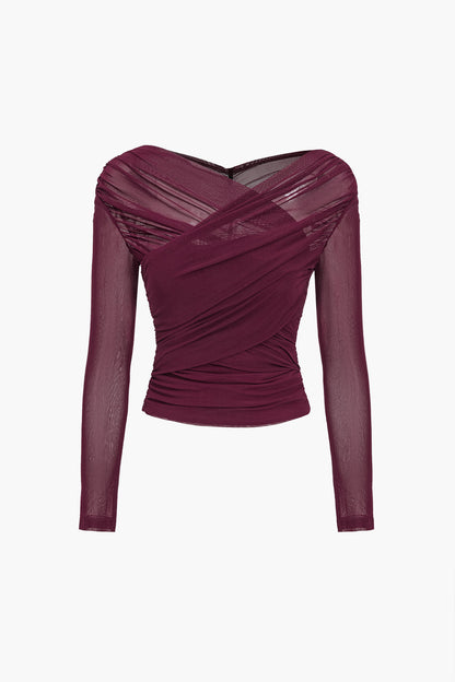 Ruched Mesh Long Sleeve Women's Top