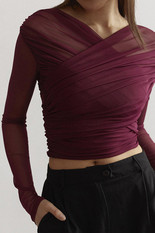 Ruched Mesh Long Sleeve Women's Top