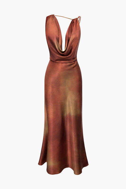 Satin Cowl Neck Asymmetric Maxi Dress