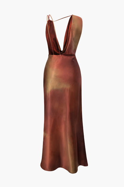 Satin Cowl Neck Asymmetric Maxi Dress