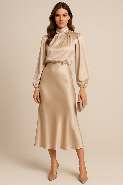 Satin Midi Dress With Flowing Fabric