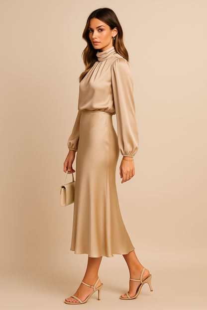 Satin Midi Dress With Flowing Fabric