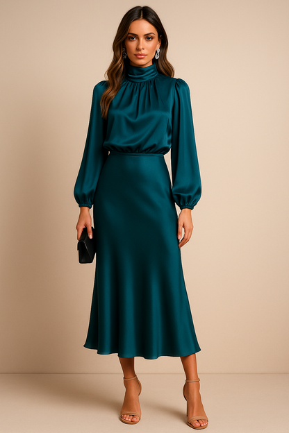 Satin Midi Dress With Flowing Fabric