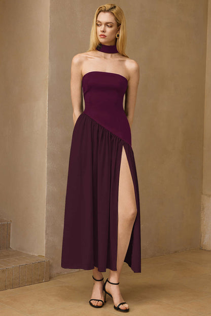 Satin Ruched Slit Strapless Maxi Dress