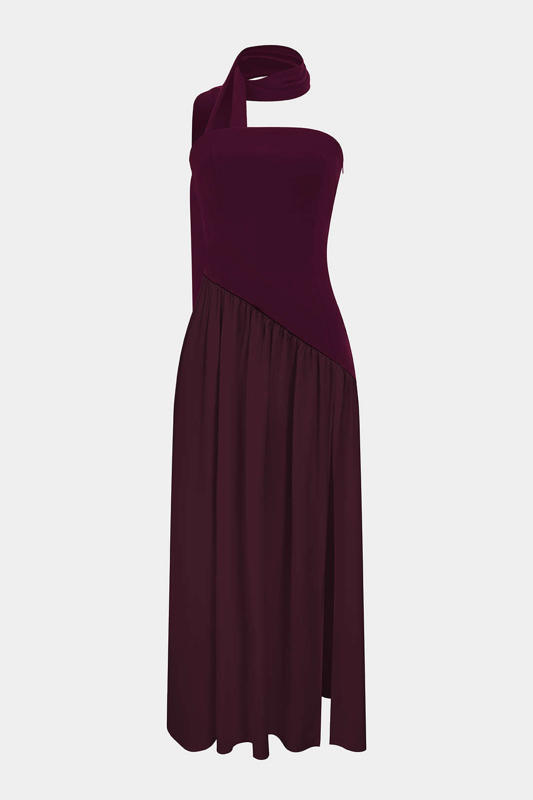 Satin Ruched Slit Strapless Maxi Dress