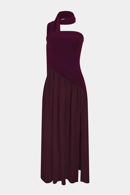 Satin Ruched Slit Strapless Maxi Dress