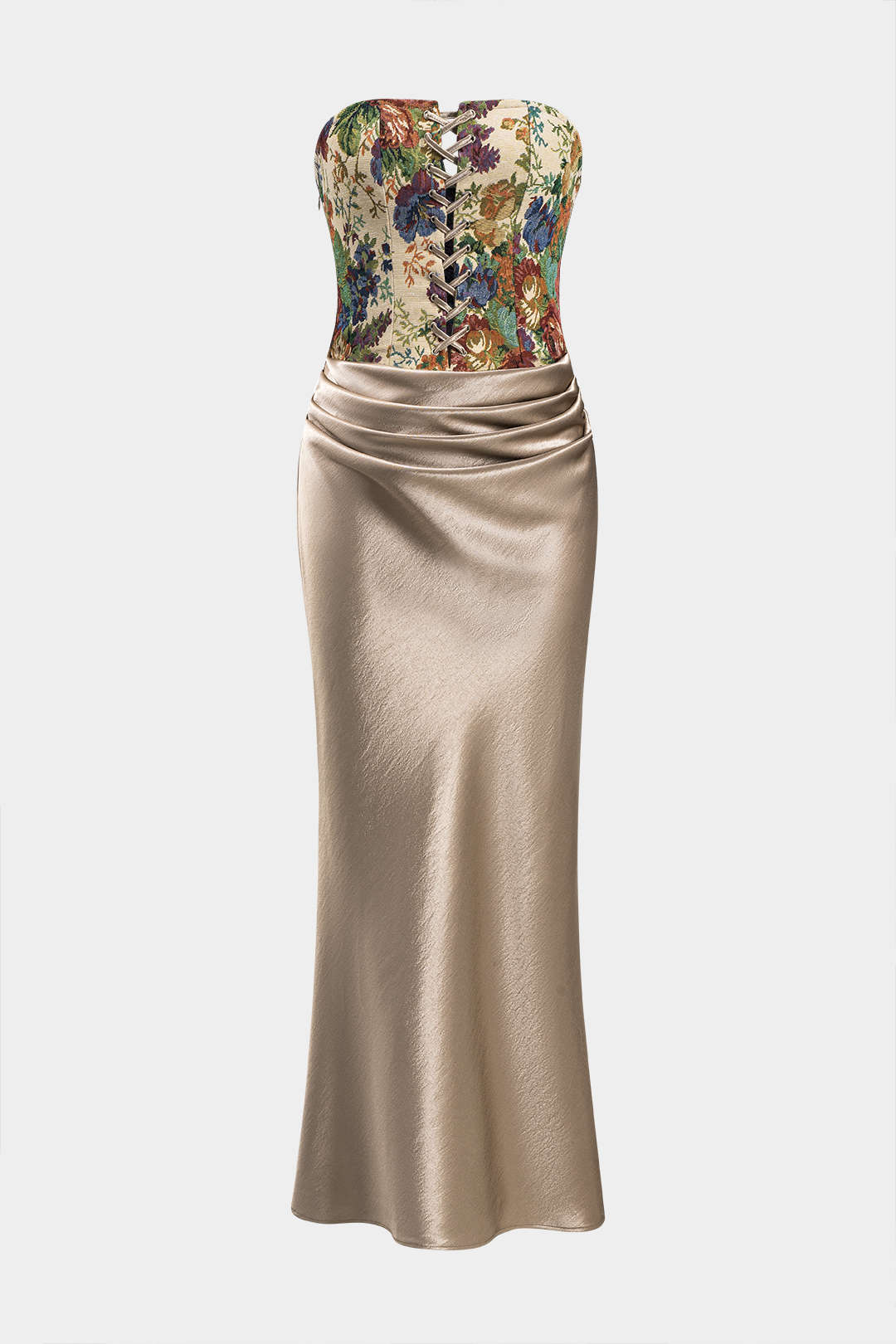 Satin Ruched Strapless Black Maxi Dress