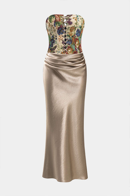 Satin Ruched Strapless Black Maxi Dress