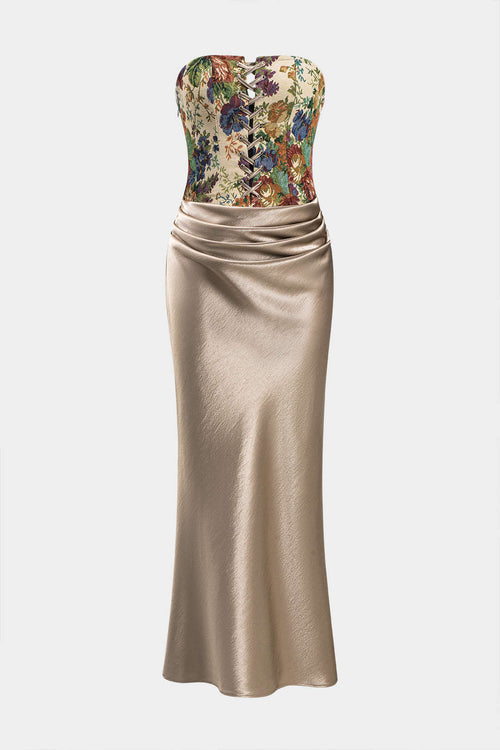 Satin Ruched Strapless Black Maxi Dress