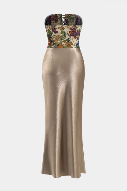 Satin Ruched Strapless Black Maxi Dress