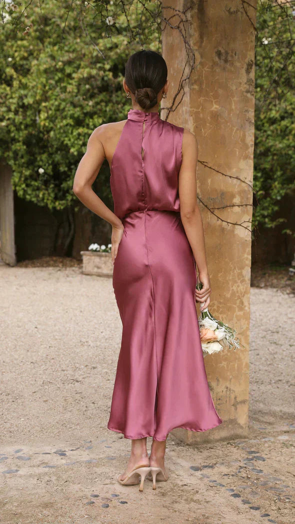 Satin V-Neck Flowing Maxi Dress